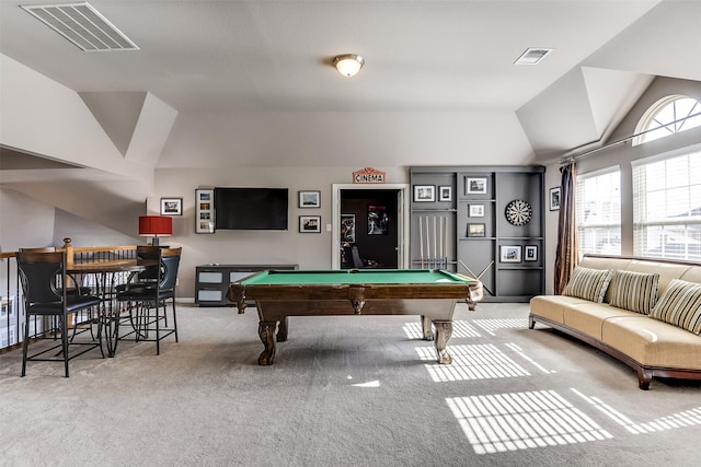 playroom with carpet flooring, vaulted ceiling, and billiards