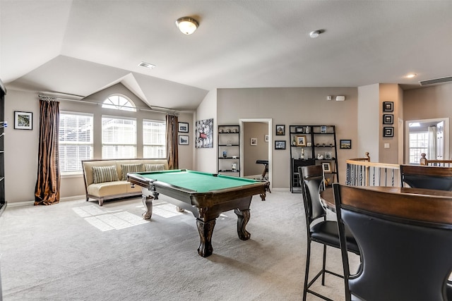 game room with lofted ceiling, light carpet, and billiards