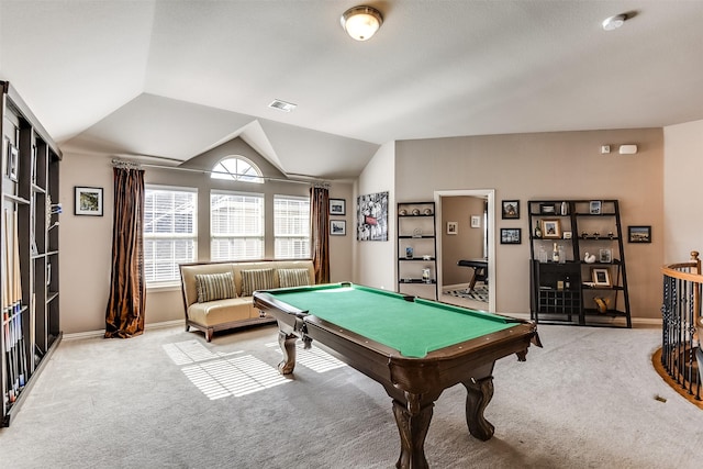 rec room with light carpet, vaulted ceiling, and pool table