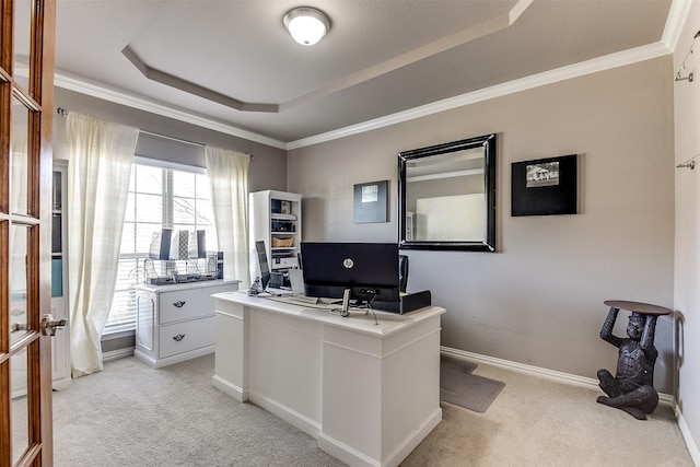 carpeted office featuring ornamental molding and a tray ceiling