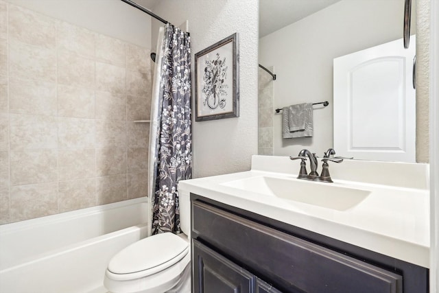 full bathroom with vanity, toilet, and shower / bathtub combination with curtain