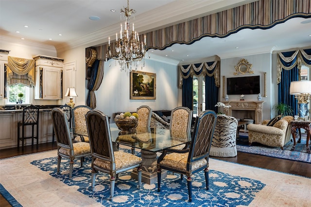 dining space with dark hardwood / wood-style flooring and ornamental molding