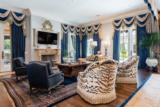 living room with ornamental molding and dark wood-type flooring