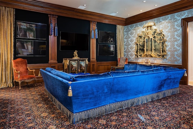 living room featuring carpet, ornate columns, and crown molding