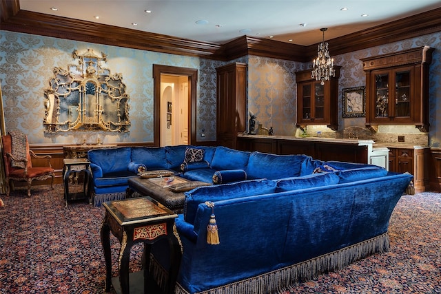 carpeted living room featuring ornamental molding