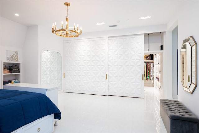 bedroom with a chandelier and radiator