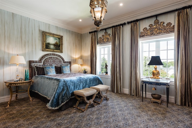 bedroom featuring multiple windows and ornamental molding