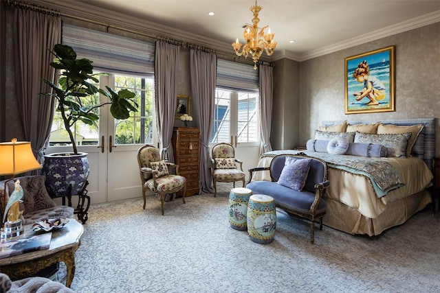 carpeted bedroom with crown molding and an inviting chandelier