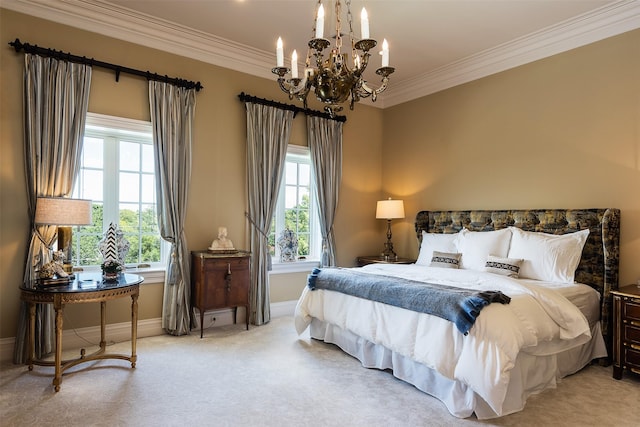 bedroom with a notable chandelier, ornamental molding, and light carpet