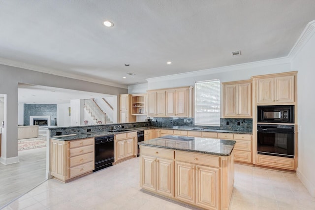 kitchen featuring light brown cabinets, black appliances, decorative backsplash, a kitchen island, and kitchen peninsula