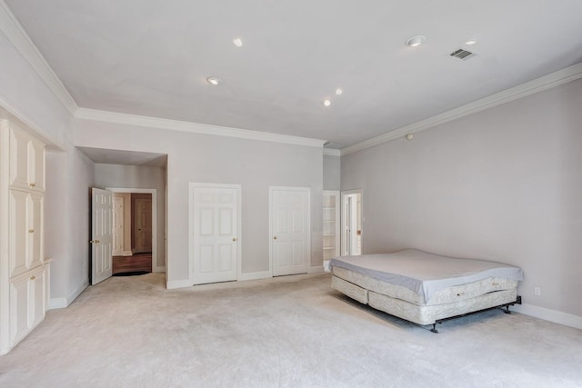 unfurnished bedroom with light carpet and ornamental molding