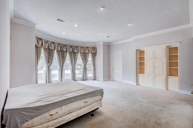 carpeted bedroom featuring ornamental molding