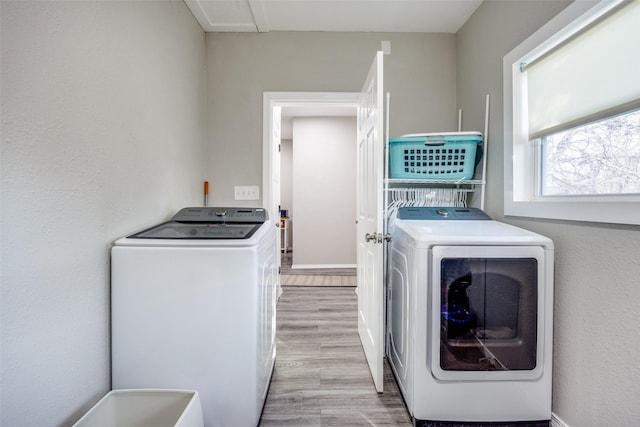 laundry room featuring separate washer and dryer and light hardwood / wood-style flooring