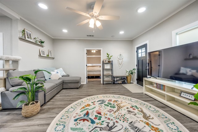 living room with ornamental molding, ceiling fan, and wood-type flooring