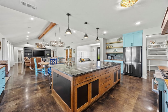 kitchen with stainless steel refrigerator, tasteful backsplash, lofted ceiling with beams, dark stone counters, and a kitchen island