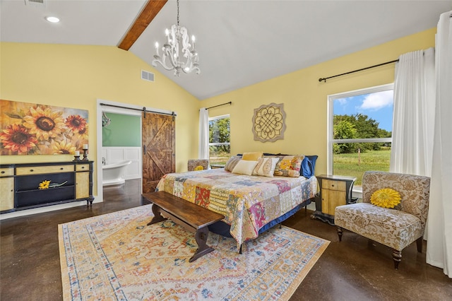 bedroom featuring a barn door, beamed ceiling, a chandelier, and high vaulted ceiling