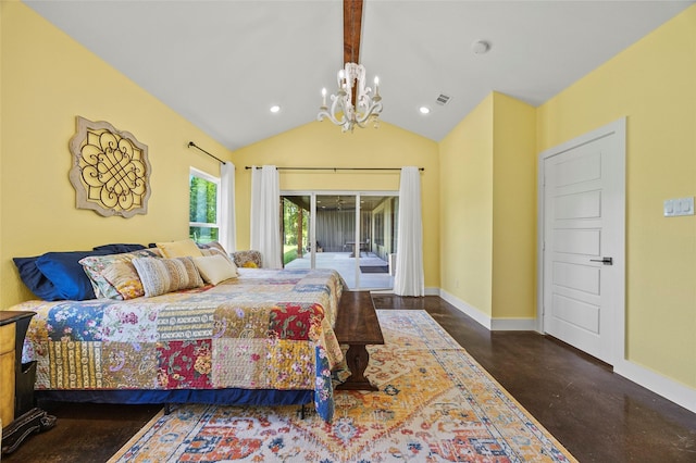 bedroom with access to exterior, a chandelier, and vaulted ceiling