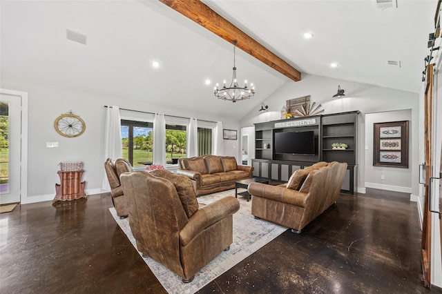 living room with beamed ceiling, high vaulted ceiling, and an inviting chandelier