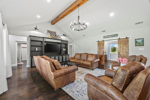 living room with a chandelier, vaulted ceiling with beams, a barn door, and concrete flooring