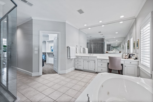 bathroom featuring vanity, plenty of natural light, crown molding, and plus walk in shower