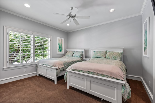 carpeted bedroom with ceiling fan and crown molding