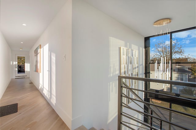 hallway with a wall of windows and light hardwood / wood-style flooring