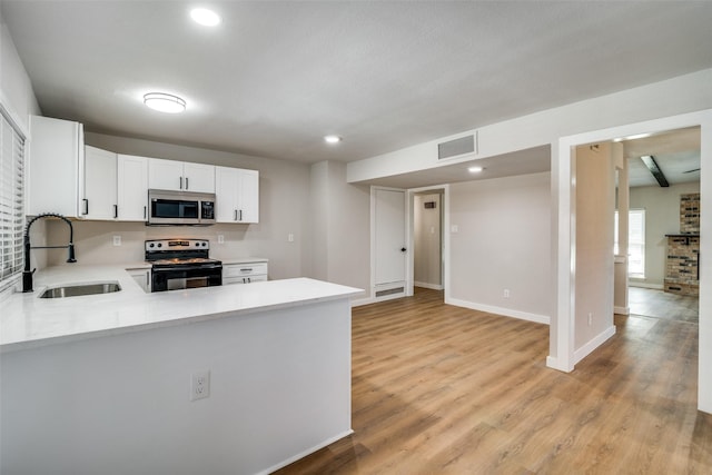 kitchen with white cabinetry, sink, kitchen peninsula, light hardwood / wood-style floors, and appliances with stainless steel finishes