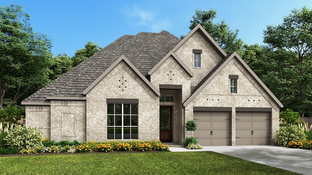 view of front of property with a garage and a front lawn