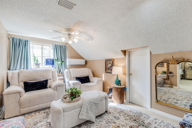 carpeted bedroom with ceiling fan, a wall unit AC, and vaulted ceiling