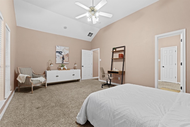 bedroom featuring ceiling fan, vaulted ceiling, and carpet floors