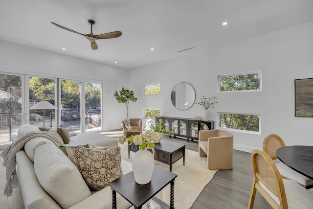 living room with a wealth of natural light, light hardwood / wood-style flooring, and ceiling fan