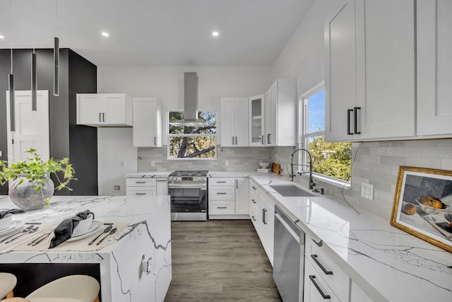 kitchen with sink, light stone countertops, range hood, appliances with stainless steel finishes, and white cabinetry