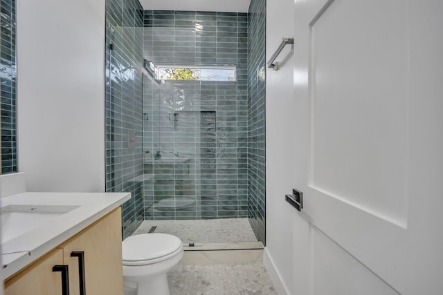 bathroom featuring vanity, toilet, and walk in shower