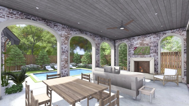 view of patio with a fenced in pool, ceiling fan, and an outdoor living space with a fireplace