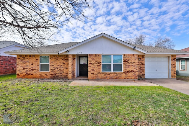 ranch-style home with a garage and a front lawn