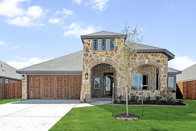 view of front of property featuring fence, driveway, a front lawn, a garage, and stone siding