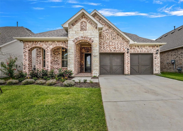 view of front of home featuring a garage and a front lawn