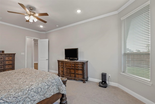 bedroom featuring carpet, ceiling fan, and ornamental molding