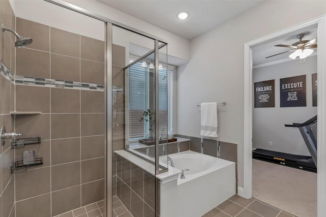 bathroom featuring plus walk in shower, tile patterned floors, and ceiling fan