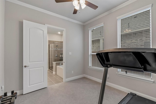 exercise room with ceiling fan, light colored carpet, and crown molding