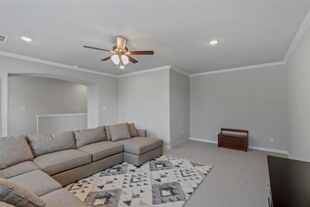 living room featuring light carpet, ceiling fan, and ornamental molding