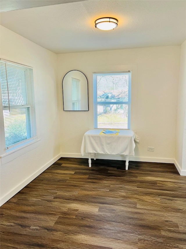 spare room featuring dark wood-type flooring, plenty of natural light, and a textured ceiling