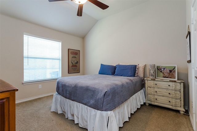 bedroom with carpet, ceiling fan, and lofted ceiling