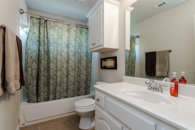 full bathroom with tile patterned flooring, vanity, shower / tub combo with curtain, and toilet