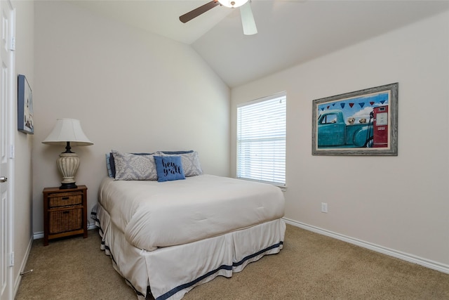 carpeted bedroom with ceiling fan and lofted ceiling