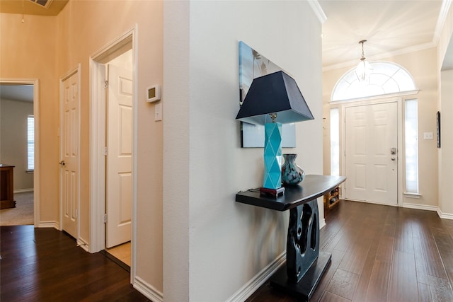 entryway with crown molding and dark wood-type flooring