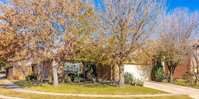 view of property hidden behind natural elements featuring a garage and a front lawn