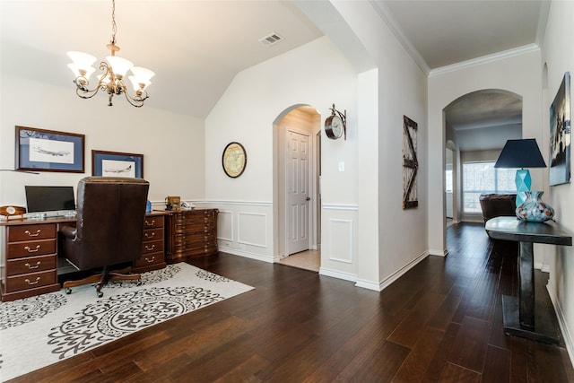 office area featuring ornamental molding, vaulted ceiling, an inviting chandelier, and dark wood-type flooring