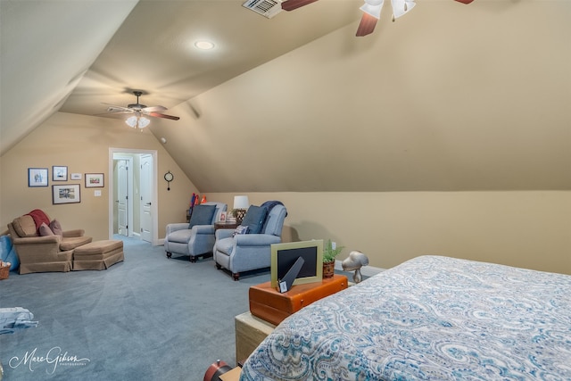 bedroom featuring carpet, ceiling fan, and lofted ceiling