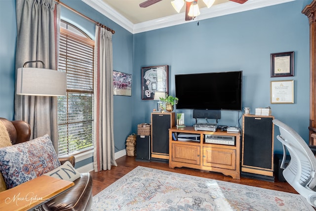 office area with ceiling fan and crown molding